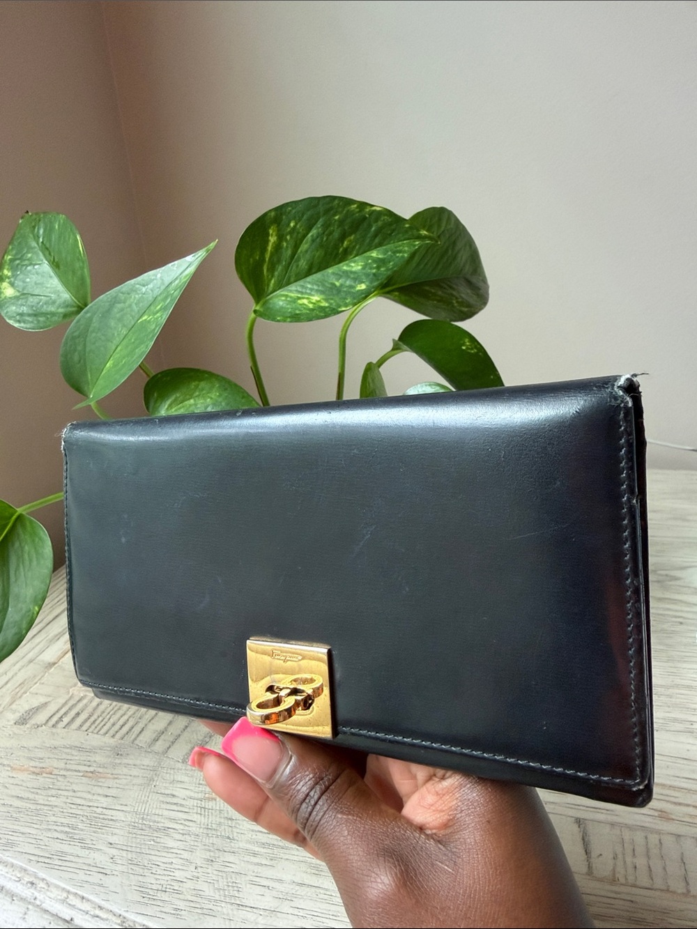 Salvatore Ferragamo Black Leather Wallet with Gold Hardware